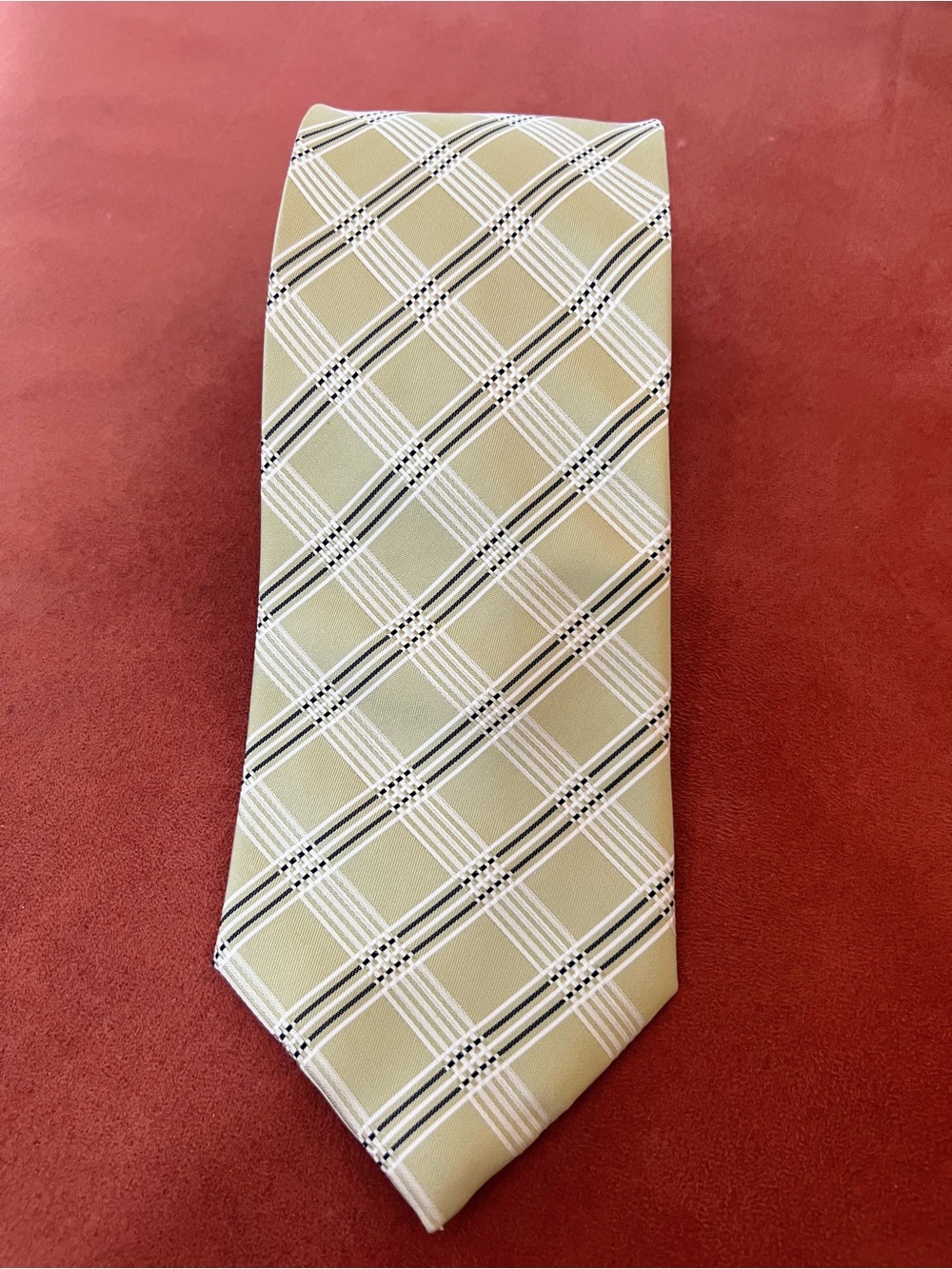 Hermes Light Green Plaid Silk Tie with Dark Green and White Accents